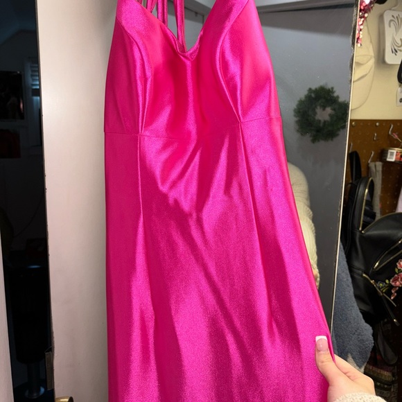 Faviana Pink Satin Scoop Neck Dress With Lace Up Back - Picture 4 of 6